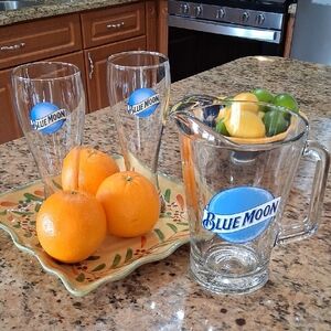 Blue Moon Glass Pitcher and (2) Pint Glass Set. Flawless!!